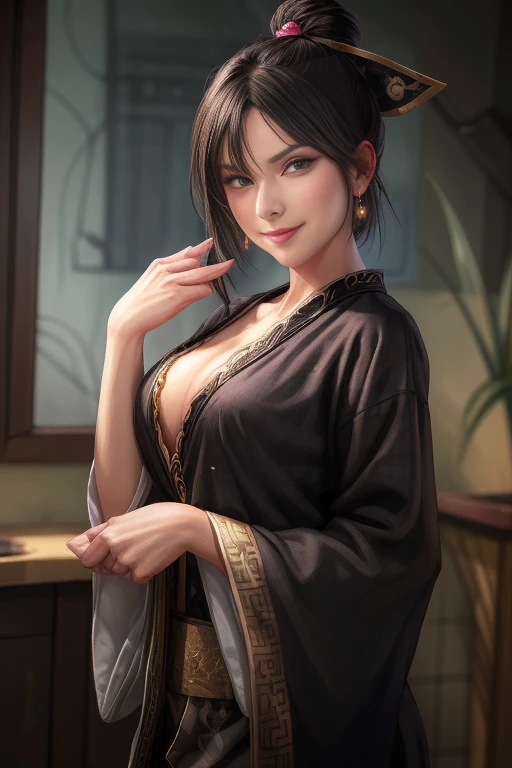 1 girl in, meme, fine eyes,Double eyelids, look at the audience, Short hair and hair tie, black hair,wearing gold jewelry,Reflection on face,Sexy Smiling 
Upper torso, chinese clothes, Hanfu, , cleavage,( Open your clothes :1.4), Magical face, wearing cosmetics 、 Red Clothes,（Watercolor Painting）
