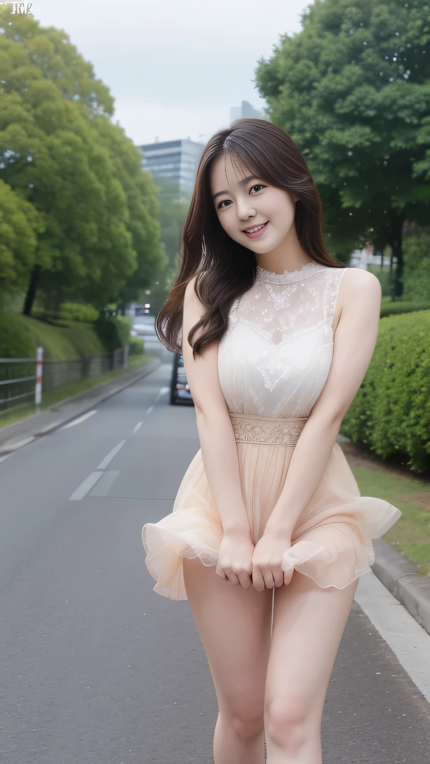 ulzzang-6500-v1.1, (genuine:1.4), (muste piece), (highest quality, 8k, 32K, masterpiece, Hmm:1.2),Photos of beautiful Japanese women,(sad smile,blush:1.1),looking at the viewer,(beautiful detailed dress skirt:1.2),leg details,(spread your legs:0.9),(lace panties:0.9),(wind lift:1.6), whole body,the wind is strong,city,outdoors