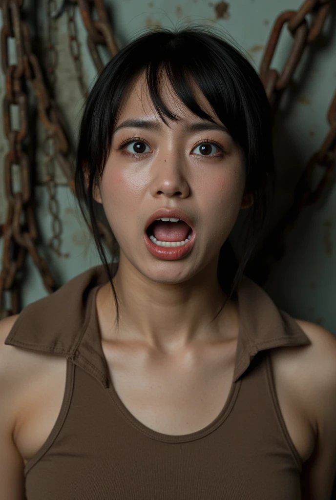 deep cleavage ((Dark concrete walls)) (scary face) (wet disheveled hair) slave ((sad)) extra long hair restrained chained ((japanese mature)) big breasts ((full nude)) ((A wet, dirty, torn, browned white loincloth)) ((reality)) ((get depressed)) ((Native Japanese)) ((sleep in bed))
