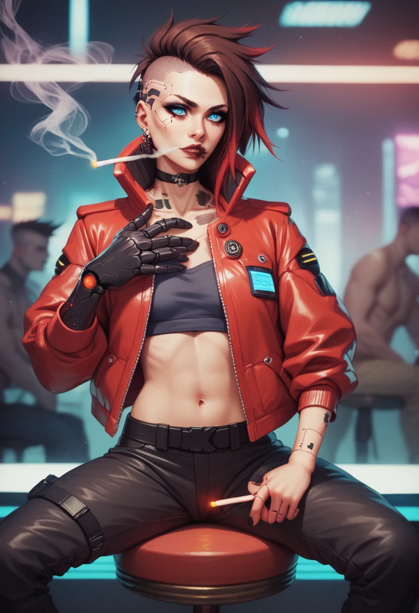 extremely beautiful model, 20 years old female, skandinavian, cyberpunk, brown punk hair, red leather jacket, sitting relaxed on stool, cyberpunk bat, bloody lip, blue eyes, black robotic hands, relaxed face, smoking cigarette in mouth, black pants, skinny, small ??????? 