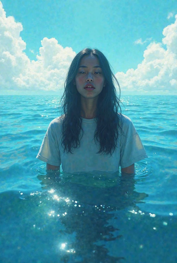 A picture taken of me like im in the middle of the blue sea wearing tshirt and straight hair sza inspired album in ghilbi inspired im looking how far and my face is sideward 