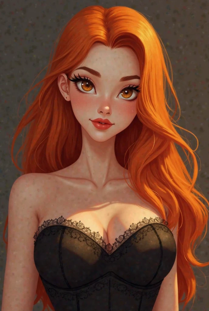  Long red hair girl logo, very dark brown eyes, brown skin, small breasts, lunar entre la nariz y el ojo cerca del lagrimal PEChOS PEQUEÑOS nO LOS hAgAS gRAnDES nO QUIERO PARECER OPERADA rostro redondo, Red cheeks, animal prince strappy blouse, Crossed arms, abajo que diga h.n.g.h.