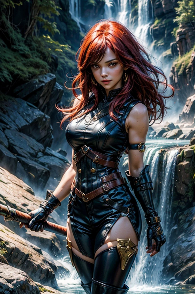 masterpiece, best quality, highres, erza scarlet, fairy tail, smile, long hair , red hair , hair over one eye , brown eyes , ????????????? , black cropped t-shirt, black leggings, leather corset, gauntlets,  decorated leg plates , brown elbow-pads, ((short red hooded sleeveless jacket with gold details)), shoulder armor,  straps, holding weapon, lance, standing near waterfall , beautiful valley, cowboy shot, looking at viewer, masterpiece,stunning girlfriend, heart shaped face, elegant face, beautiful face, highly detailed face, highly detailed skin, skin pores, subsurface scattering, realistic pupils, looking at viewer, full lips, detailed background, depth of field, atmospheric perspective, volumetric lighting, sharp focus, absurdres, realistic proportions, good ???????, (realistic, hyperrealistic:1.4), 16k hdr,