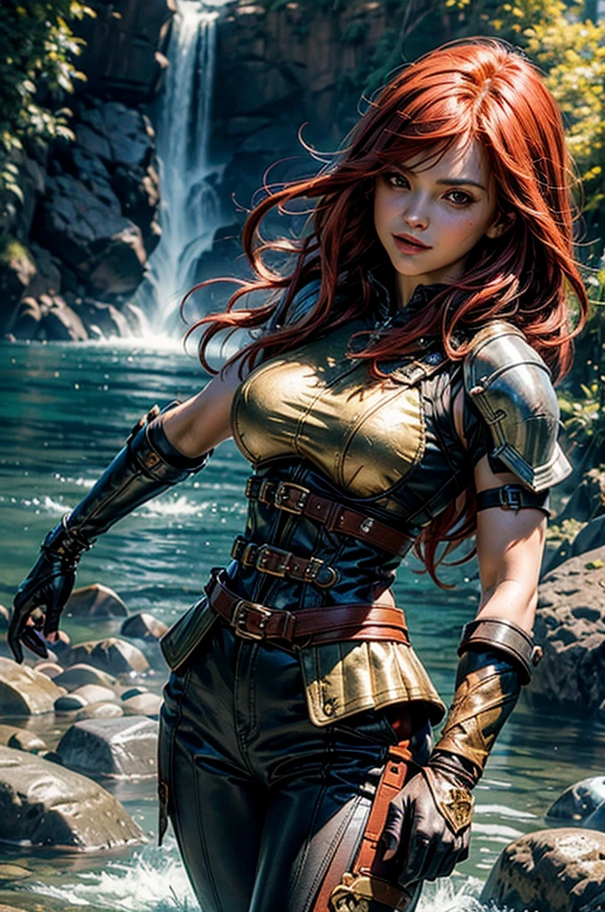 masterpiece, best quality, highres, erza scarlet, fairy tail, smile, long hair , red hair , hair over one eye , brown eyes ,  , black cropped t-shirt, black leggings, leather corset, gauntlets,  decorated leg plates , brown elbow-pads, ((short red hooded sleeveless jacket with gold details)), shoulder armor,  straps, holding weapon, lance, standing near waterfall , beautiful valley, cowboy shot, looking at viewer, masterpiece,stunning girlfriend, heart shaped face, elegant face, beautiful face, highly detailed face, highly detailed skin, skin pores, subsurface scattering, realistic pupils, looking at viewer, full lips, detailed background, depth of field, atmospheric perspective, volumetric lighting, sharp focus, absurdres, realistic proportions, good , (realistic, hyperrealistic:1.4), 16k hdr,