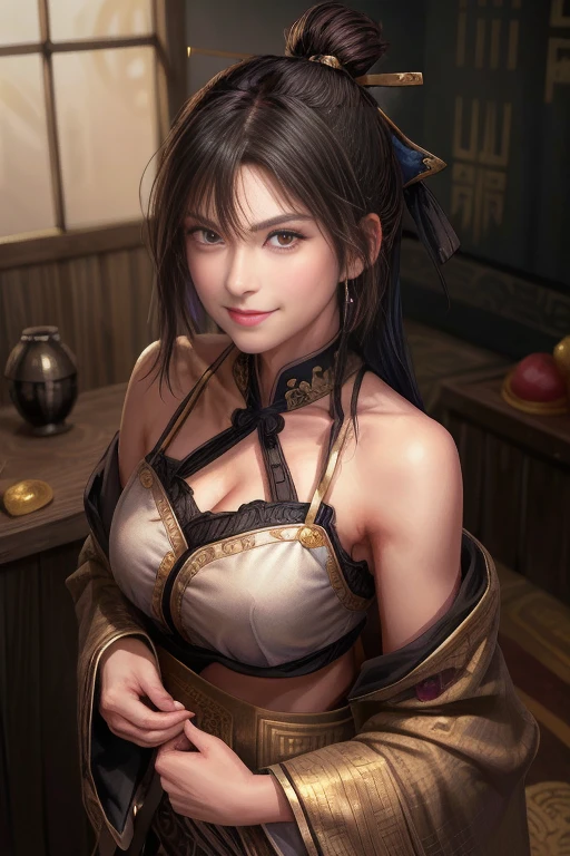 1 girl in, meme, fine eyes,Double eyelids, look at the audience, Short hair and hair tie, black hair, Wearing Gold Jewelry,, the light reflected in the face,Sexy Smiling 
Upper torso, chinese clothes, Hanfu, , cleavage,( Open your clothes :1.4), Magical face, wearing cosmetics 、 Red Clothes,（Watercolor Painting）