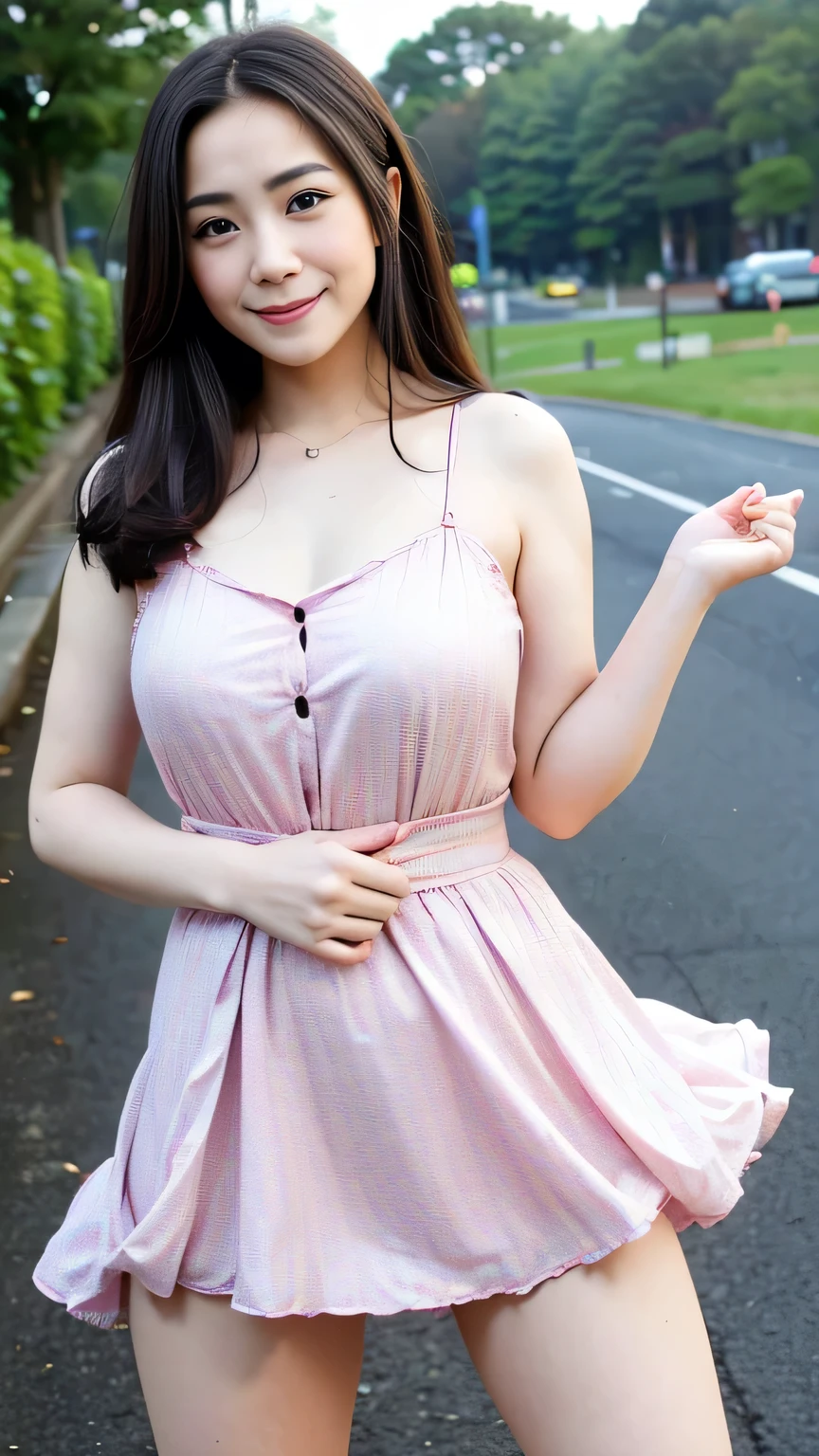 (Best-quality, Masterpiece, Ultra-High-Resolution, (Photorealistic:1.4), Raw Photo, depth of field, professional lighting, perfect anatomy, extremely details), 1girl, the most famous Japanese idol, at Japanese summer-street, wearing summer dress with cute-patterned, (extremely cute face, ((extremely cute and extremely big eyes)), extremely cute hair, extremely cute skins), extremely cute long-eyelashes, extremely cute lips, extremely short body, extremely cute thighs, innocent smile, dynamic pose, detailed Japanese-summer-street