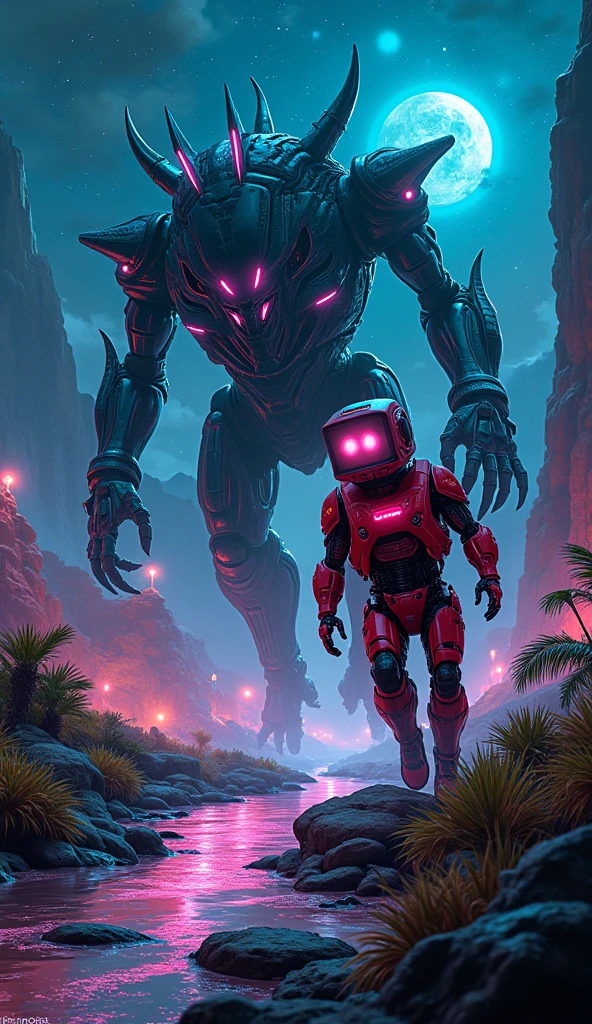 POV of an overweight radio head robit being chased by a massive dark ...