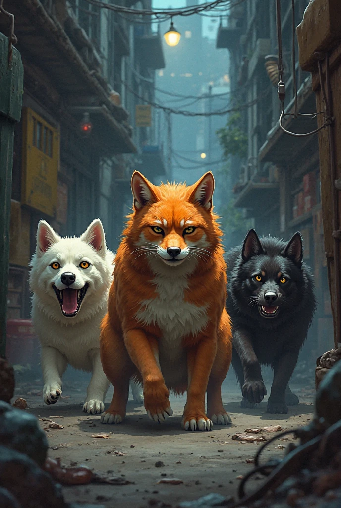 the fat ginger cat, white dog, black dog, beats the bad guys (make the bad guys hurt and unconscious) in the alley at night