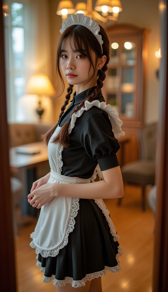 1girl,legs,a girl at building,(((building))), braided bangs,braided ponytail,(solo:1.2),apron,thick thighs,side-tie panties, balck hair, 16yo,looking at viewer, sunlight,hanfu,