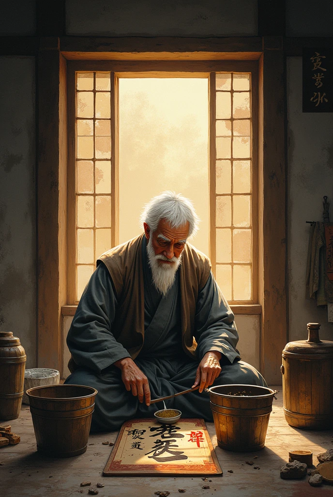 I want to generate，
Ancient man picking pen ink painting window,
，Ancient man picking two buckets，and had to pour water into the tank