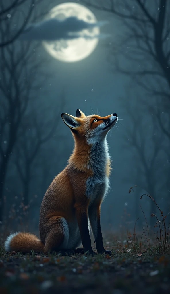 feral fox alone outdoors in the background of a dark forest, turning your back to the camera, furry fox tail, ((full body)). On an evening illuminated by the full moon, with very few orange clouds, Halloween pumpkins and candles on the ground