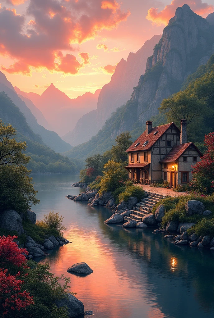 a small village by the river, mountains in the background, floral flowers colorful, detailed landscape, Beautiful natural landscapes, atmospheric lighting, scorching sunset, warm colours, practical, photopractical, Detailed Foliage, complex buildings, cobblestone street, Charming country house, swirly vibrant colors, lush vegetation, Still water reflections, Picturesque, idyllic, work of art, best qualityer, 8k, extremely detaild,anime styling