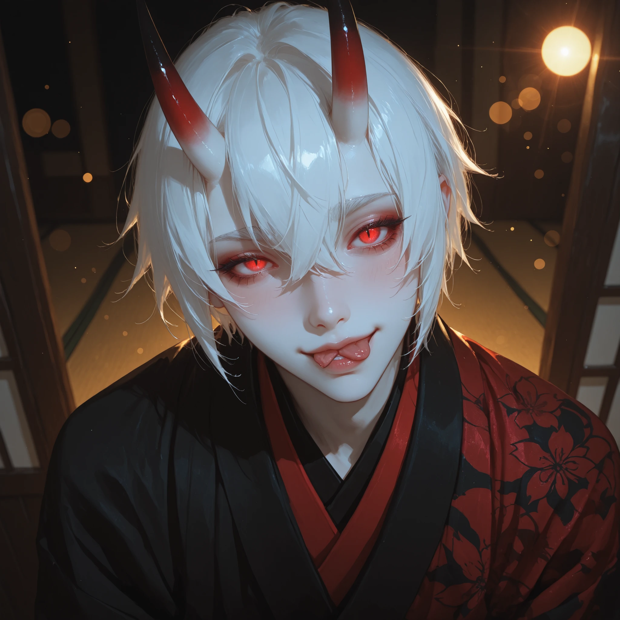 1boy,18,pale_skin,slender face,white hair,blush,long_eyelashes,oni_horns,thick eyebrows,short eyebrows,red eyes,hair_over_one_eye,slanted_eyes,glowing eyes,slit pupils, black and red kimono withsnake_print on kimono, fluffy black details,tabi,short hair,kimono,,standing,emotions:,naughty_face,, background:,wide_shot,,depth of field,lens_flare,bokeh,chromatic_aberration,contour_deepening,Cirrocumulus,close-up,solo_focus,face_focus,looking_at_viewer,head_tilt,sideways_glance,winking,licking lips,