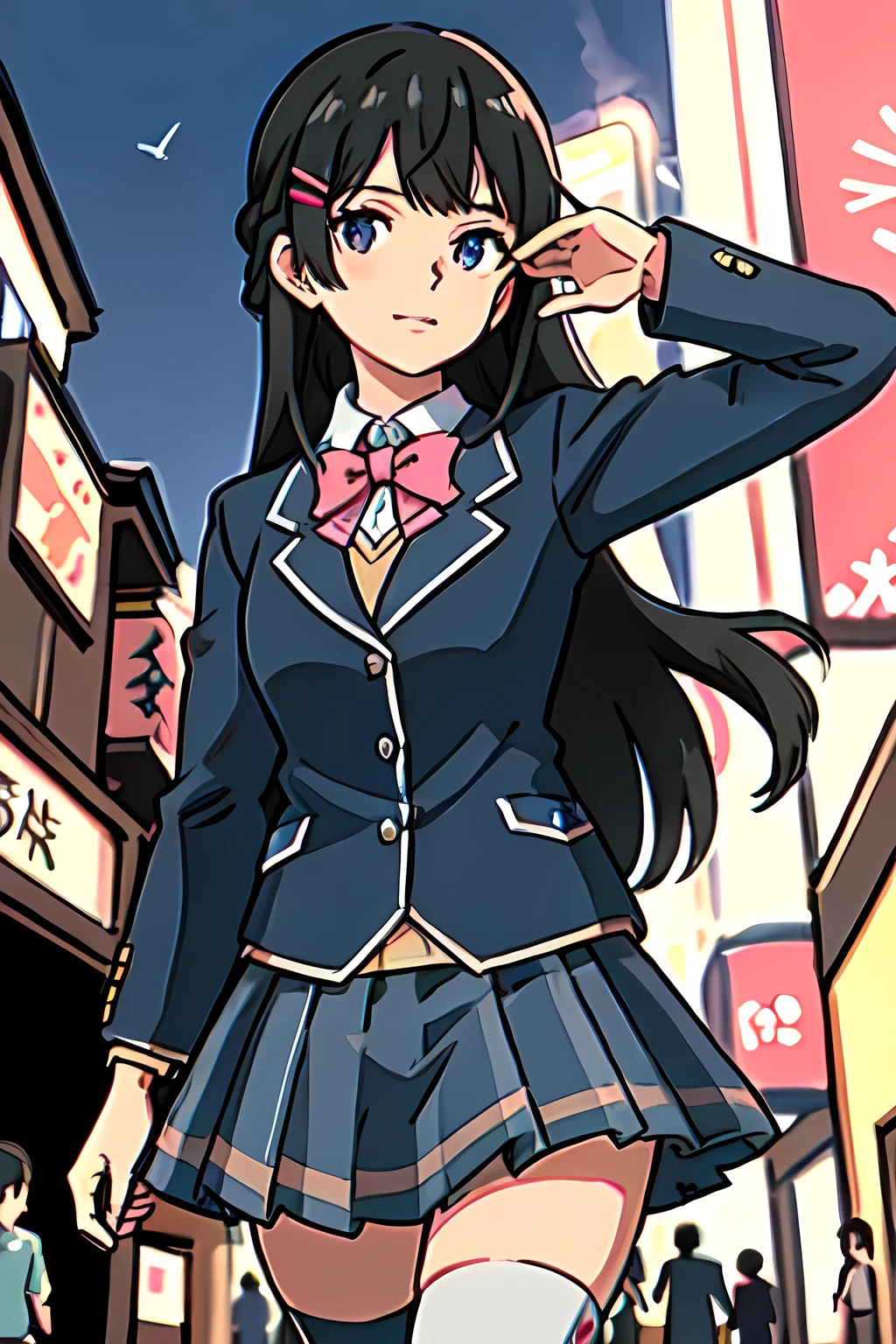 ((best quality, masterpiece, extremely detailed)), 1girl, solo, tsukino mito, long hair, black hair, blazer, black jacket, hairclip, hair ornament, white thighhighs, bangs, braid, pleated skirt, pink bow, school uniform, long sleeves, collared shirt, white shirt, blue eyes, plaid skirt, black skirt, akihabara shopping street at early evening
