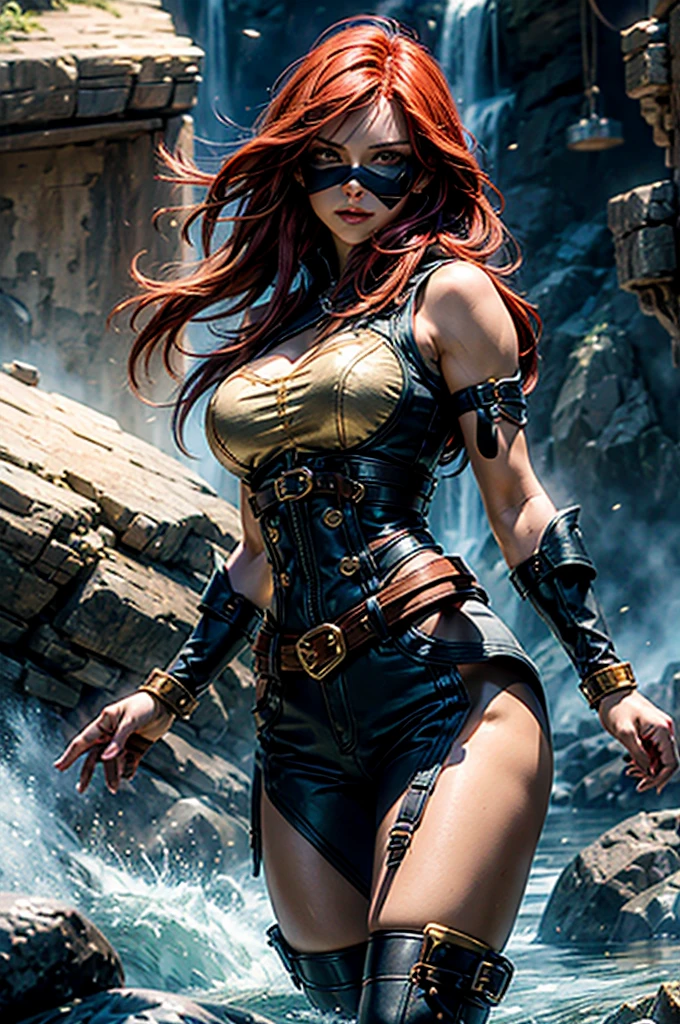 1girl, cloud, weapon, sky, armor, breasts, cloudy sky, long hair, solo, cleavage, sunset, twilight, outdoors, holding weapon, looking at viewer, holding, gauntlets, cleavage