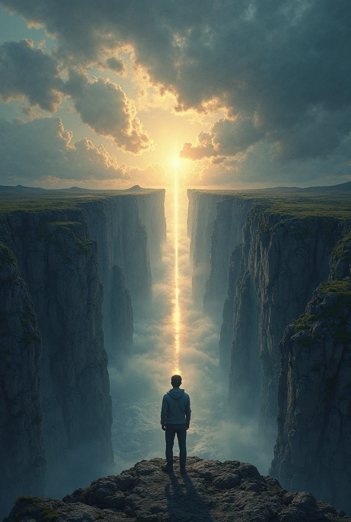A powerful and emotionally charged digital artwork depicting a person standing at the edge of a vast chasm. On one side of the chasm, there’s a dark, swirling storm representing fears, doubts, and struggles, while on the other side, there’s a bright and serene landscape filled with light and a glowing path, symbolizing dreams, hope, and belief. The person is about to step forward, their silhouette bathed in a radiant light from the path ahead. The scene is filled with tension as the storm rages behind them, yet the person’s face shows determination and unwavering faith. The contrast between the chaotic storm and the peaceful, glowing path embodies the powerful message of overcoming fear through belief. The atmosphere is dramatic, with intense contrasts of light and dark, symbolizing the strength of the human spirit and the power of self-belief. No text included, high-resolution, cinematic style.
