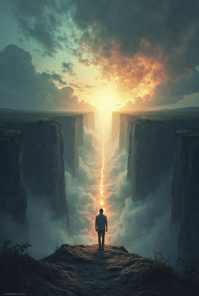A powerful and emotionally charged digital artwork depicting a person standing at the edge of a vast chasm. On one side of the chasm, there’s a dark, swirling storm representing fears, doubts, and struggles, while on the other side, there’s a bright and serene landscape filled with light and a glowing path, symbolizing dreams, hope, and belief. The person is about to step forward, their silhouette bathed in a radiant light from the path ahead. The scene is filled with tension as the storm rages behind them, yet the person’s face shows determination and unwavering faith. The contrast between the chaotic storm and the peaceful, glowing path embodies the powerful message of overcoming fear through belief. The atmosphere is dramatic, with intense contrasts of light and dark, symbolizing the strength of the human spirit and the power of self-belief. No text included, high-resolution, cinematic style.
