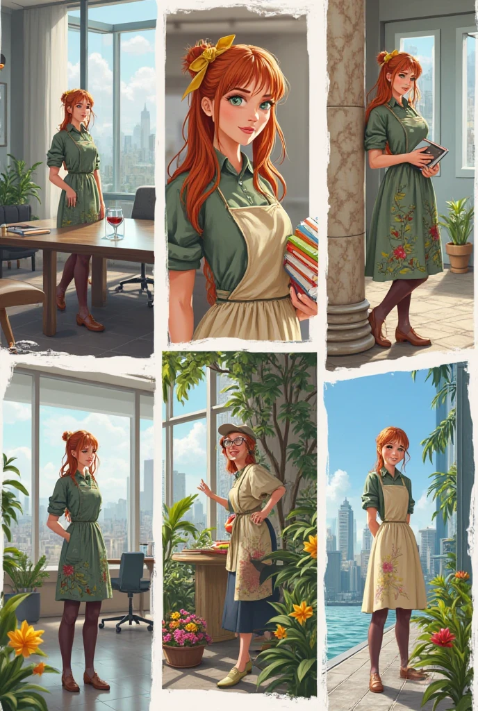 Here are text prompts featuring a character with a consistent appearance, placed in various corporate and beautiful locations:

---

**1. Corporate Office:**

In a sleek, modern office adorned with glass walls and minimalist decor, the character stands confidently beside a large conference table. Her long, flowing auburn hair is neatly tied back with a bright yellow ribbon, and she wears a green and beige dress with intricate floral designs. Holding a stack of colorful files and documents, she exudes warmth and approachability, ready to present her innovative ideas to the team.

---

**2. Luxury Hotel Lobby:**

Amidst the opulence of a luxurious hotel lobby, with high ceilings and elegant chandeliers, the character leans casually against a polished marble column. The soft fabric of her apron flares slightly as she shifts her weight, emphasizing the harmony of her dress against the lavish surroundings. With her signature bright green eyes sparkling, she engages in friendly conversation with hotel guests, radiating charm and hospitality.

---

**3. Rooftop Garden:**

Surrounded by lush greenery in a rooftop garden overlooking a bustling city skyline, the character enjoys a moment of tranquility. Dressed in her signature outfit, she kneels beside vibrant flowers, tending to the plants with care. The light breeze gently stirs her hair as she pauses to admire the breathtaking views, embodying a perfect blend of professionalism and love for nature.

---

**4. Executive Boardroom:**

In a high-stakes boardroom filled with attentive executives, the character stands at the head of the table, ready to discuss strategic plans. Her attire remains consistent with her charming dress, the apron neatly pressed. As she points to a presentation on the sleek screen, her enthusiasm and confidence shine through, captivating the room with her insightful contributions.

---

**5. Scenic Lakeside Retreat:**

At a tranquil lakeside retreat, the character enjoys a peaceful moment by the water. With her hair cascading down her back, she holds a book in one hand and gazes at the serene reflections on the surface. Her attire, adorned with cheerful floral patterns, complements the vibrant natural surroundings, illustrating her connection to both her work and the beauty of the world around her.

---

These prompts maintain the character's appearance while placing her in diverse and engaging settings, showcasing her versatility and charm.