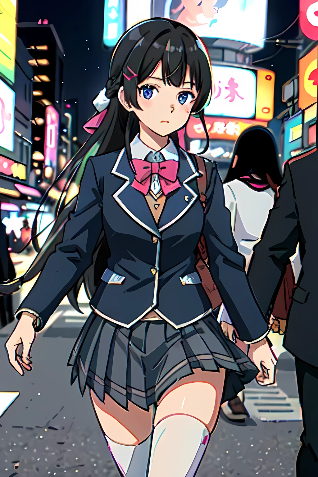 ((best quality, masterpiece, extremely detailed)), 1girl, solo, tsukino mito, long hair, black hair, blazer, black jacket, hairclip, hair ornament, white thighhighs, bangs, braid, pleated skirt, pink bow, school uniform, long sleeves, collared shirt, white shirt, blue eyes, plaid skirt, black skirt, akihabara shopping street at early evening