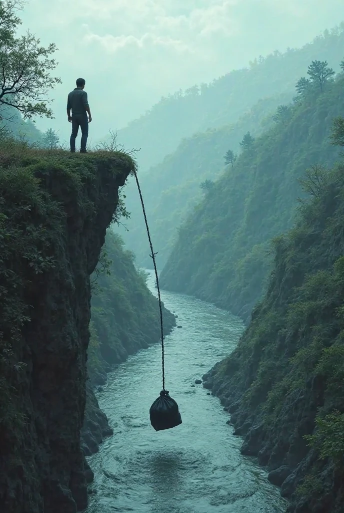 A man sit inside a tire tired with a very long rope 
That is tied with tyre hanging it like he is doing potty sitting on a tire and background will be in forest the tired should not be tergitta ground it should be hanging in air and the Rope should be tied in like a Mount 10 peak the tyre should not touch the ground it should be hanging in the air rope should be seen very long more and more long rope make it ugle like a man doing toilet on that