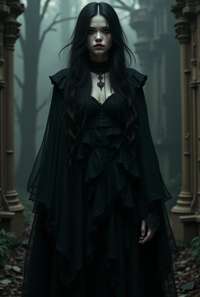 Evil, malevolent, dark and beautiful woman with long flowing black hair and piercing eyes, living in a majestic castle. The castle is surrounded by a dark and eerie forest, with ancient trees and twisted branches. The woman is wearing a black gown that billows in the wind, adding to her mysterious aura. Her lips are crimson, contrasting with her pale skin, and she has an enchanting smile that hides her true intentions. There is a knight standing guard at the castle's entrance, holding a gleaming sword, ready to protect the woman from any danger. The castle itself is imposing, with towering stone walls and intricate gothic architecture. The interior is filled with decadent furnishings, velvet drapes, and hauntingly beautiful artwork. The atmosphere is filled with an eerie stillness, as if something supernatural is lurking in the shadows. The color palette is dominated by deep shades of purple, black, and blood-red, reflecting the darkness and evil that surround the woman. The lighting is dim and moody, casting long shadows on the walls and creating an atmosphere of foreboding. The image should be of the highest quality, with ultra-detailed features and a realistic, photorealistic style. The final result should be a masterpiece, capturing the essence of the malevolent yet captivating woman and the dark castle she resides in.