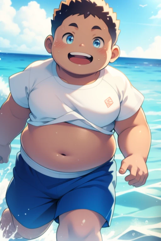 ((androgynos)), beautiful, (pudgy face), nipples, (belly button), ((boyish)), (cute), (chubby), belly, (beefy), ((mischievous)), (handsome), muscular, (naughty smile), (Canines are visible), (swimsuits), (in beach), (He puts his face close to her as if peering into her.), (Open your mouth),