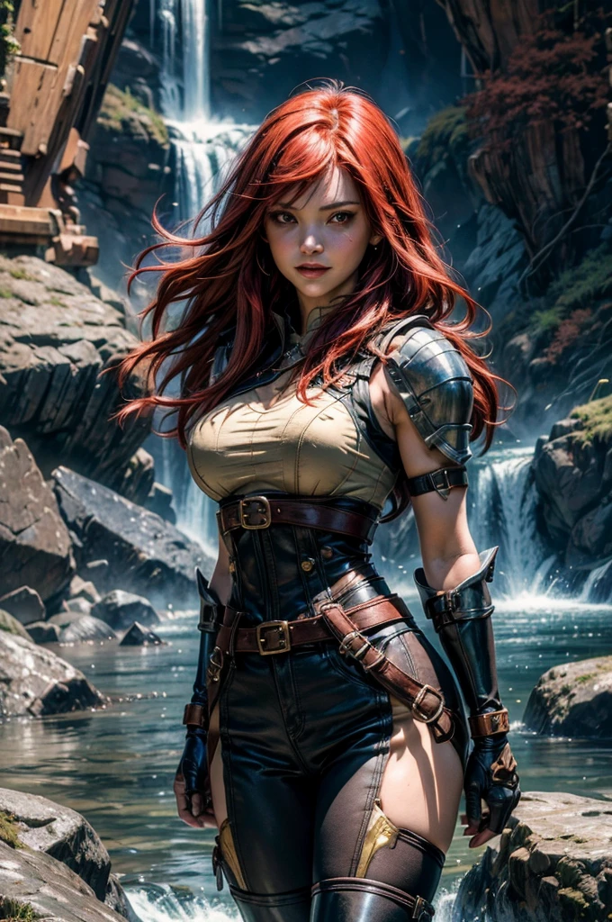 masterpiece, best quality, highres, erza scarlet, fairy tail, smile, long hair , red hair , hair over one eye , brown eyes , large breasts , black cropped t-shirt, black leggings, leather corset, gauntlets,  decorated leg plates , brown elbow-pads, ((short red hooded sleeveless jacket with gold details)), shoulder armor,  straps, holding weapon, lance, standing near waterfall , beautiful valley, cowboy shot, looking at viewer, masterpiece,stunning girlfriend, heart shaped face, elegant face, beautiful face, highly detailed face, highly detailed skin, skin pores, subsurface scattering, realistic pupils, looking at viewer, full lips, detailed background, depth of field, atmospheric perspective, volumetric lighting, sharp focus, absurdres, realistic proportions, good anatomy, (realistic, hyperrealistic:1.4), 16k hdr,