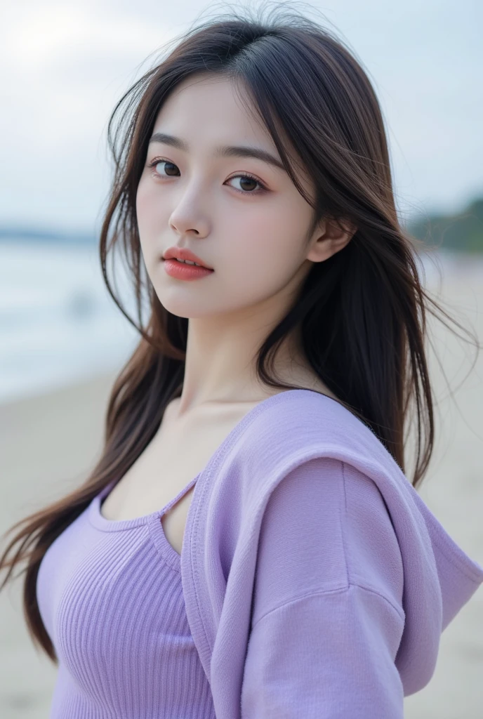 table top, highest quality, shape, Super detailed, finely, High resolution, 8k wallpaper, Perfect dynamic shape, beautiful and detailed eyes, D cup, natural color lip, random sexy pose,smile、20 year old girl、midnight、Beautiful and dense face、perfect and beautiful face,Big eyes、real photos（best image quality）,Sheer off-shoulder dress (light purple)、looking at camera、Please stand、Do gal makeup,blurred private beach background