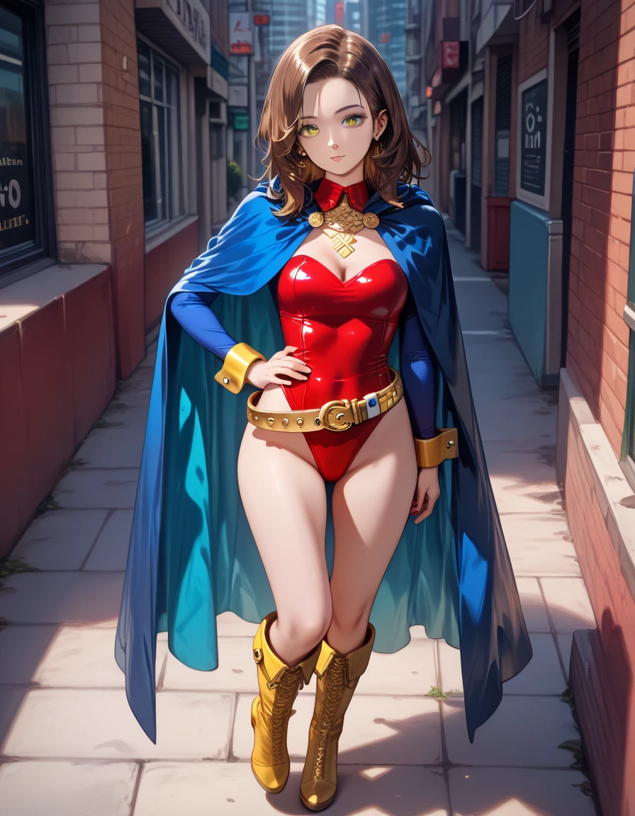 (masterpiece), (best quality), (high res), 1lady, tall body, highly detailed, professional, beautiful detailed eyes, beautiful detailed face, perfect hands, complete fingers, perfect anatomy, perfect proportions, ((brown hair, medium hair, hair down)), ((green eyes)), ((leotard, red leotard, matching leotard, bare legs)), ((boots, matching boots, knee-high boots, yellow boots)), breasts, medium breasts, (full body portrait), looking at viewer, solo, solo focus, standing, one hand on hip, cowboy shot, new york backdrop, (belt, tight belt), (blue sleeves, yellow cuffs), (yellow hawk (symbol) on chest), (medium cape, light blue cape), full body costume design.