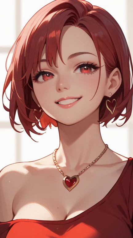 1 girl, solo, high resolution, Look at the heart , smile, red eyes, accessories, earrings,  quick, red hair, Bob,cool