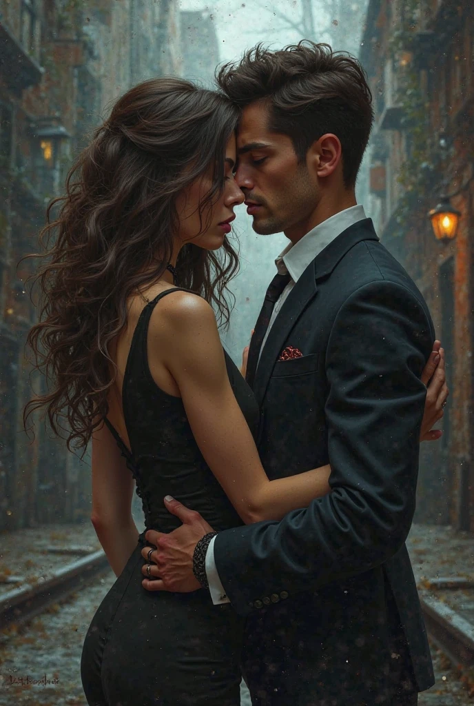 Intimate, high-quality back shot photograph of a (couple:1.2) in the (rain:1.1), (dramatic lighting:1.1), romantic, passionate french kiss, ass grab, sensual scene, intricately detailed clothing, (drenched:1.1) with (shimmering droplets:1.1), city background, Sony Alpha 7R IV camera, digital photograph, f/2.8 lens, warm tones, creamy bokeh, hyper-realistic lifelike texture, trending on social media