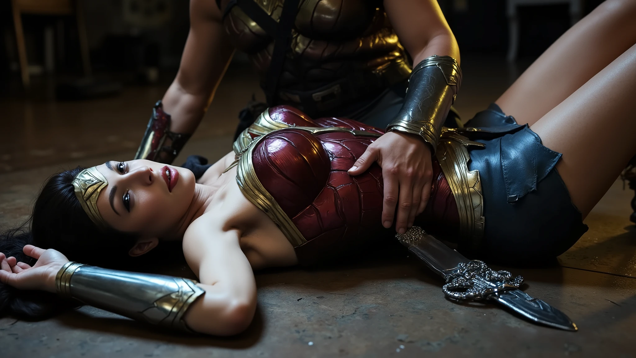 Wonder woman is lying down, bad injury, a monster is kneeling over her body, he grab her neck with both hand,