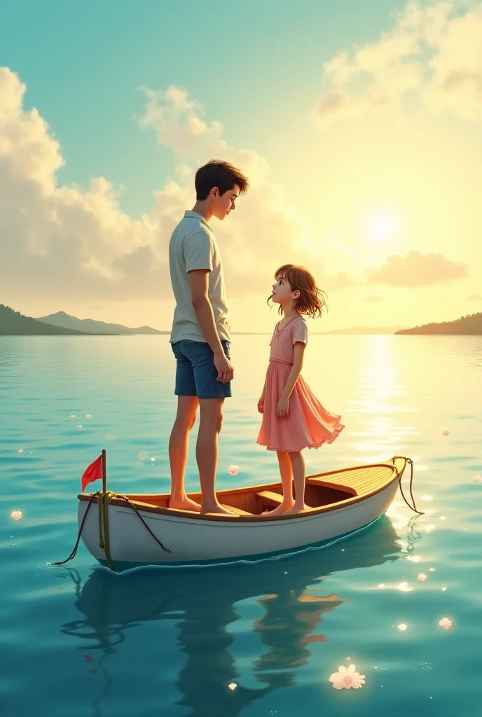 Photorealist , beautiful couple, staying out door, on boat, in sea, going to island, woman with blonde hair, boy with blonde hair, looking each other and romantic