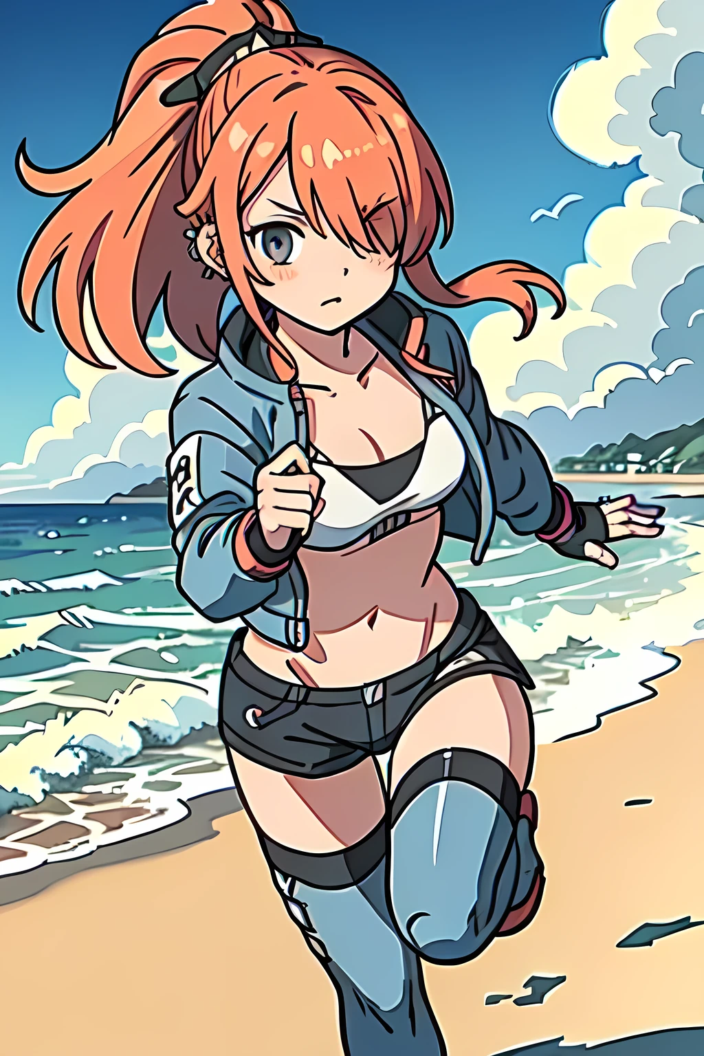((best quality, masterpiece, extremely detailed)), 1girl, ponytail, hair over one eye, ear piercing, bikini, open jacket, fingerless gloves, thighhighs, running, beach at early evening, clouds