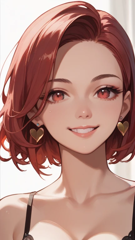 1 girl, solo, high resolution, Look at the heart , smile, red eyes, accessories, earrings,  quick, red hair, Bob,cool
