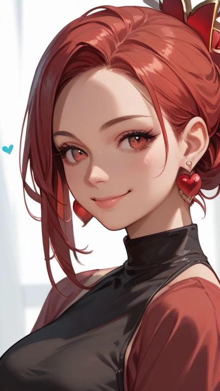 1 girl, solo, high resolution, Look at the heart , smile, red eyes, accessories, earrings,  quick, red hair, Bob,cool