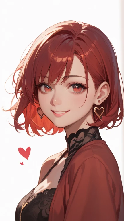 1 girl, solo, high resolution, Look at the heart , smile, red eyes, accessories, earrings,  quick, red hair, Bob,cool