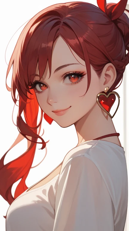 1 girl, solo, high resolution, Look at the heart , smile, red eyes, accessories, earrings,  quick, red hair, Bob,cool