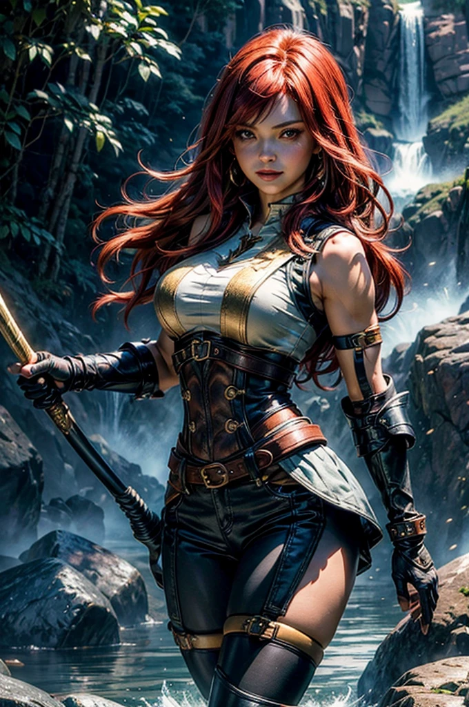 masterpiece, best quality, highres, erza scarlet, fairy tail, smile, long hair , red hair , hair over one eye , brown eyes , ????????????? , black cropped t-shirt, black leggings, leather corset, gauntlets, decorated leg plates , brown elbow-pads, ((short red hooded sleeveless jacket with gold details)), shoulder armor, straps, holding weapon, lance, standing near waterfall , beautiful valley, cowboy shot, looking at viewer, masterpiece,stunning girlfriend, heart shaped face, elegant face, beautiful face, highly detailed face, highly detailed skin, skin pores, subsurface scattering, realistic pupils, looking at viewer, full lips, detailed background, depth of field, atmospheric perspective, volumetric lighting, sharp focus, absurdres, realistic proportions, good ???????, (realistic, hyperrealistic:1.4), 16k hdr,