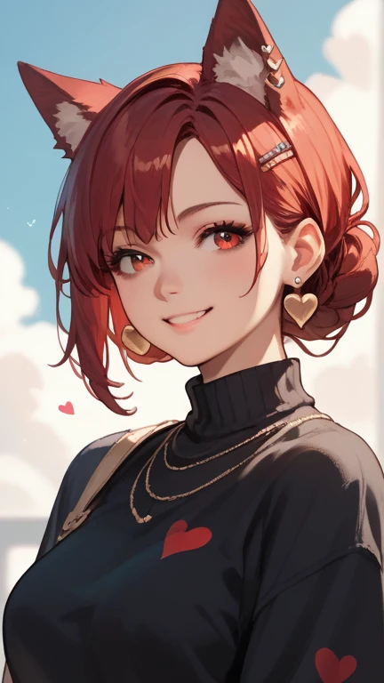 1 girl, solo, high resolution, Look at the heart , smile, red eyes, accessories, earrings,  quick, red hair, Bob,cool,wolf ears