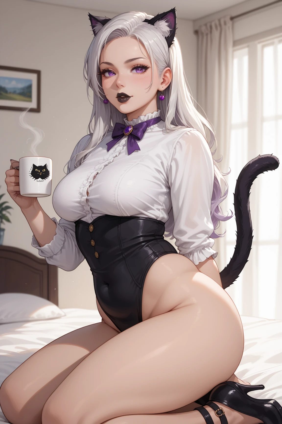 (((18 years old model))), (((catgirl, Coconut, Nekopara))), (Perfect Face), (((1Girl))), ((Seductive gaze)), (MakeUp), (Very long Hair), (((Cute Cateye Glasses, Heterochromia))), ((Silver bell pendant, white stockings, garter belt, beautiful white panties, unbuttoned and open blouse)), Thighs:1.1, (Slender Body, (Sexy Breasts), BREAK; (8K, Best Quality, Ultra Detailliert, Highres, Absurdres, Perfect Anatomy, Masterpiece), Strong Outline, Five Fingers, (Blush), ((Posed Photo:1.3)), ((Wide-Angle Photo:1.3)), ((sexy pose))