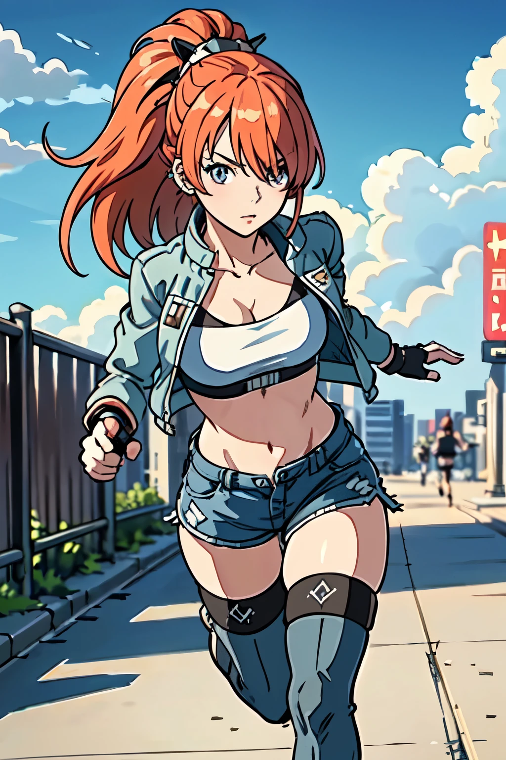 ((best quality, masterpiece, extremely detailed)), 1girl, ponytail, hair over one eye, ear piercing, bikini, open jacket, fingerless gloves, thighhighs, running, city at daytime, clouds