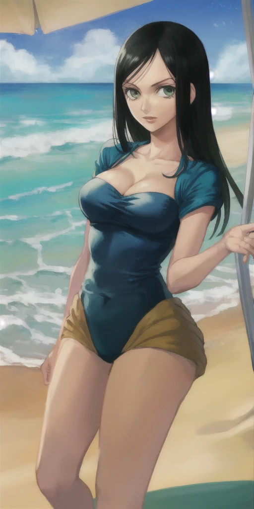 (Masterpiece), Best Quality, ultra-detailed, perfect hands, Delicate eye expression, 1girl (rinko_iori, Sexy, Slender and sexy body, Big breasts, naked body, Gray-haired hair, long hair, blue eyes (empty eye)),solo,closed mouth, nude,dark skin, sexy eveningdress, undressing,Beach, standing, Seductive pose, come-on, evil look,wicked smile, Sexy waist teasing