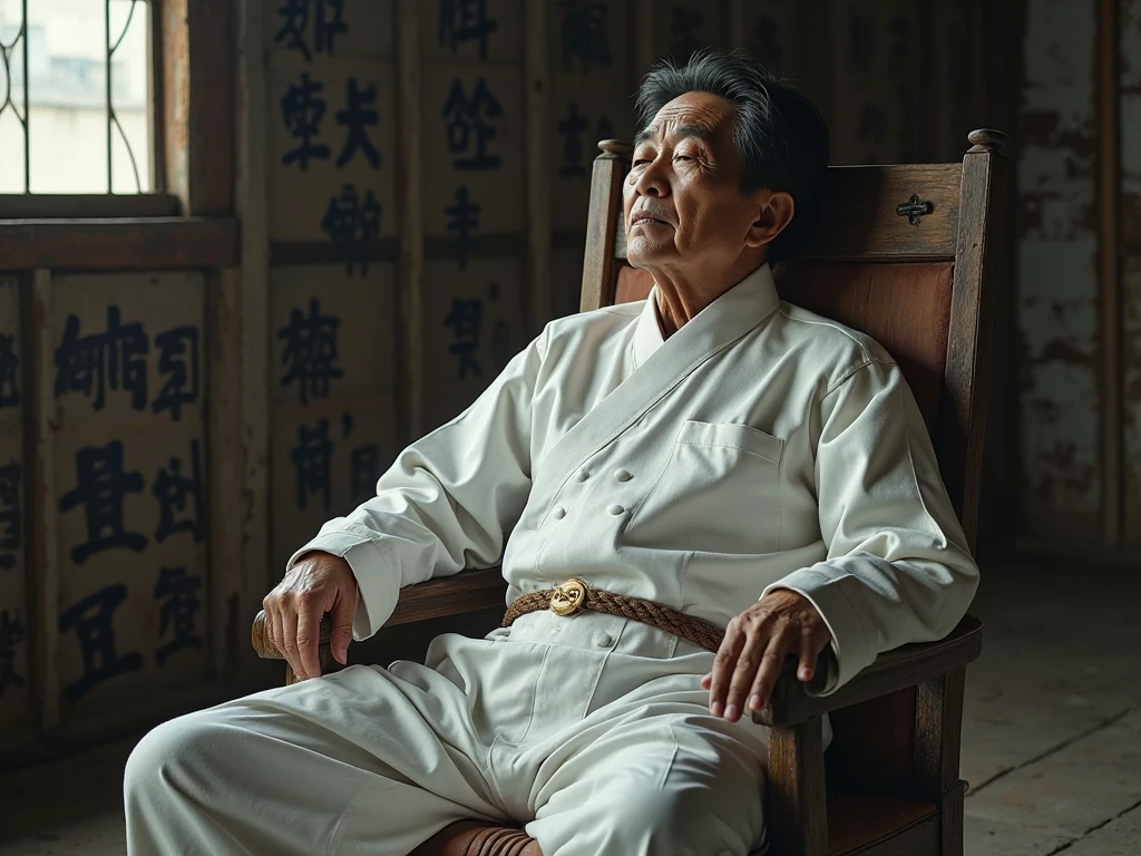 PHOTO OF A KOREAN GENERAL WEARING WHITE CLOTHES AND SHOES WITH BLACK HAIR, neatly cut , with the roof tied up, SITTING AND CLOSING EYES UNCONSCIOUS, ROPES TIED THE BODY TO A CHAIR IN A CLOSED SHED, old, sombre, is closing unconscious eyes