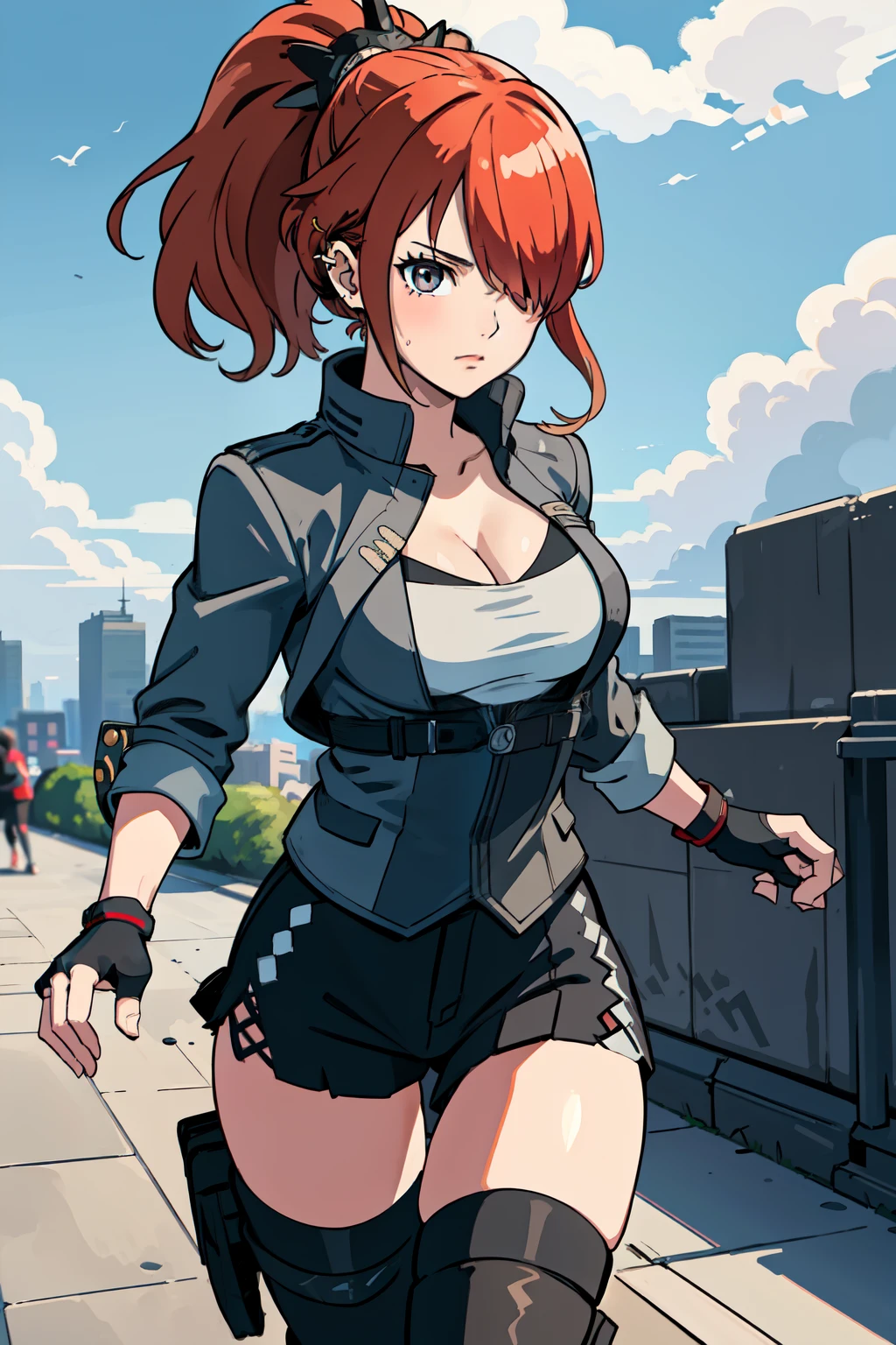 ((best quality, masterpiece, extremely detailed)), 1girl, ponytail, hair over one eye, ear piercing, ((cleavage)), open jacket, fingerless gloves, thighhighs, (upper body:1.5), running, city at daytime, clouds