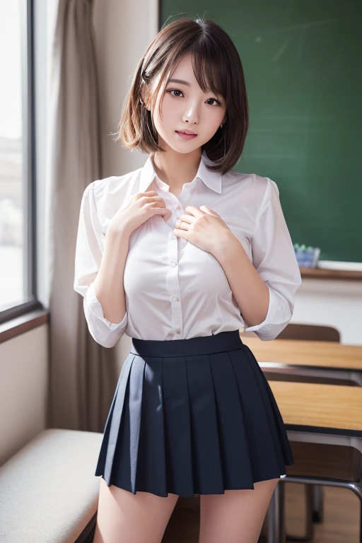 Ultra-high resolution,(reality: 1.4),Highest quality, masterpiece, High detail, 16K quality, beautiful, 1 beautiful girl,Japanese,super beautiful face,Baby Face,Japanese idol face,Cute face,Highly detailed face,Detailed hands,beautiful skin,Shiny skin,Big eyes,Big smile,Professional Lighting,Face Light,(Sitting with your knees up),((Spread your legs)),Check skirt,Skirt flip,((Showing panties:1.3)),White shirt,Open shirt,Knee-high socks,Medium chest,short hair, Black Hair,brown beautiful eyes, Browsing Caution,She is looking at the camera,classroom,