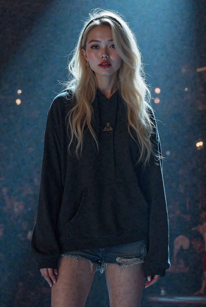 Beautiful girl , slim fit body , blonde hair, baggy hoody, rose pink lips , blue eyes, blushed cheeks