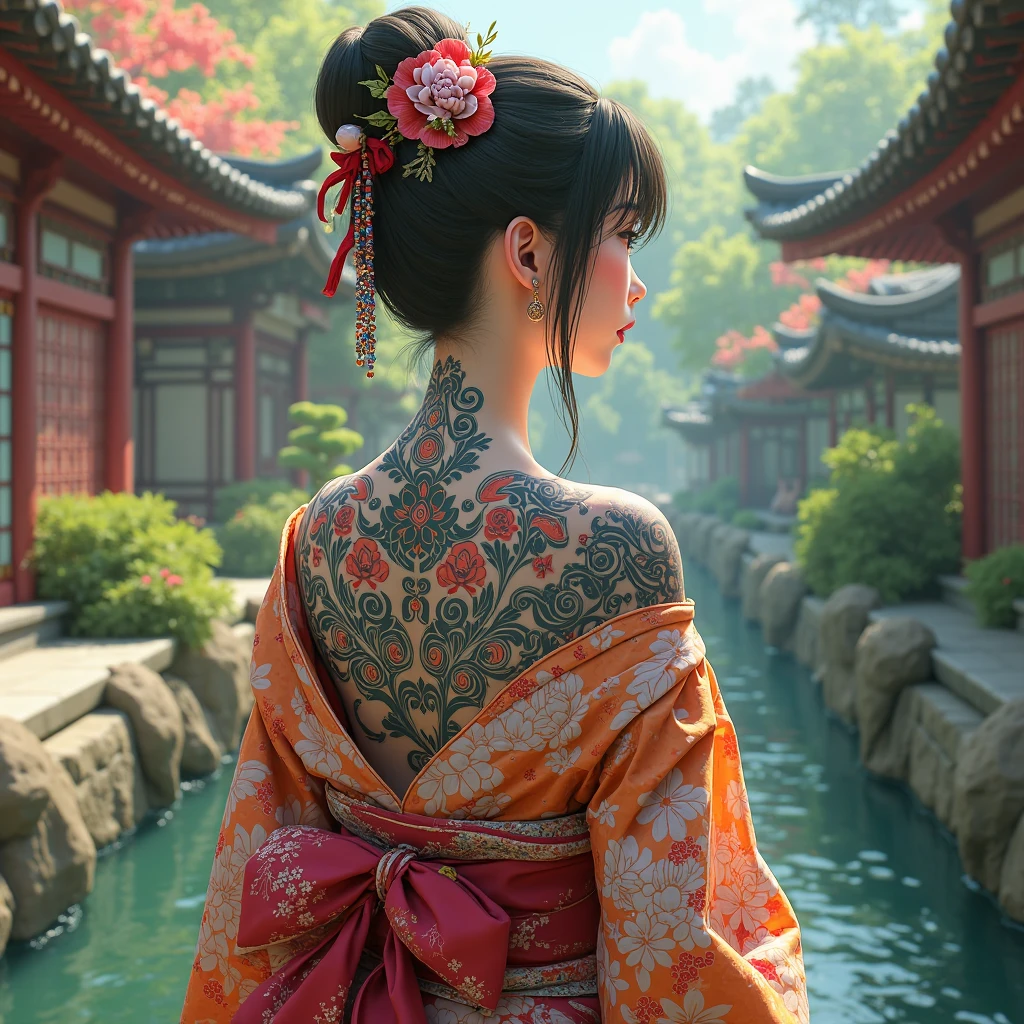 Women's tattoos and colors on the back of a woman wearing a kimono々The back of a woman who is covered with flowers、8k,3d,anime、perspective、profile、Japanese Garden