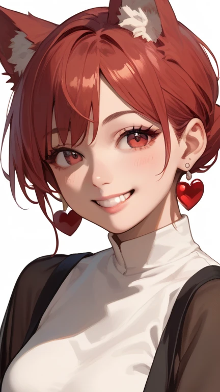 1 girl, solo, high resolution, Look at the heart , smile, red eyes, accessories, earrings,  quick, red hair, Bob,優しいsmile,wolf ears