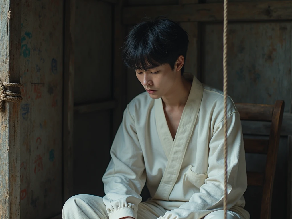 create realistic image A 16 year old boy is
sitting on a king chair with white wings and
behind him the colour of the wall is gray on
wich "og kanji" is written in curve style